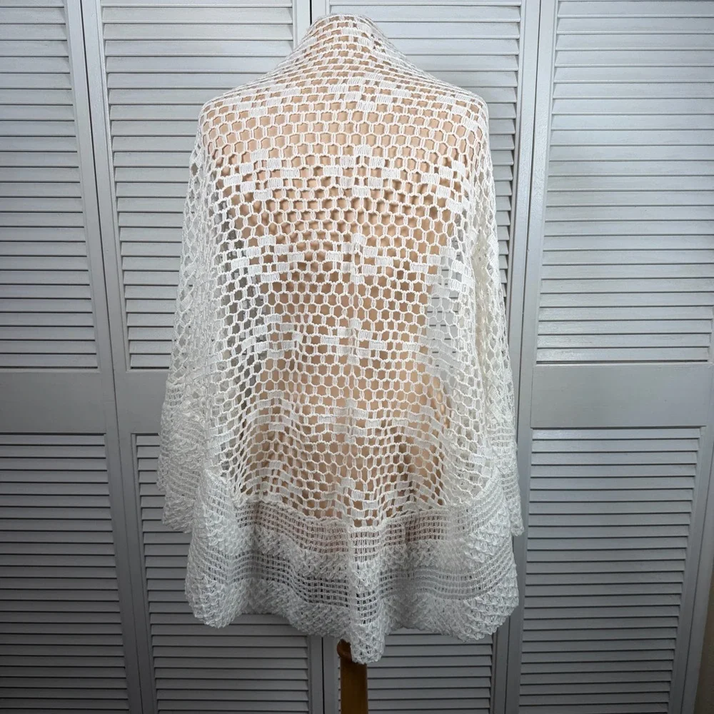 Elwin Vintage White Crochet Poncho Shawl Open Weave Boho Made in Japan